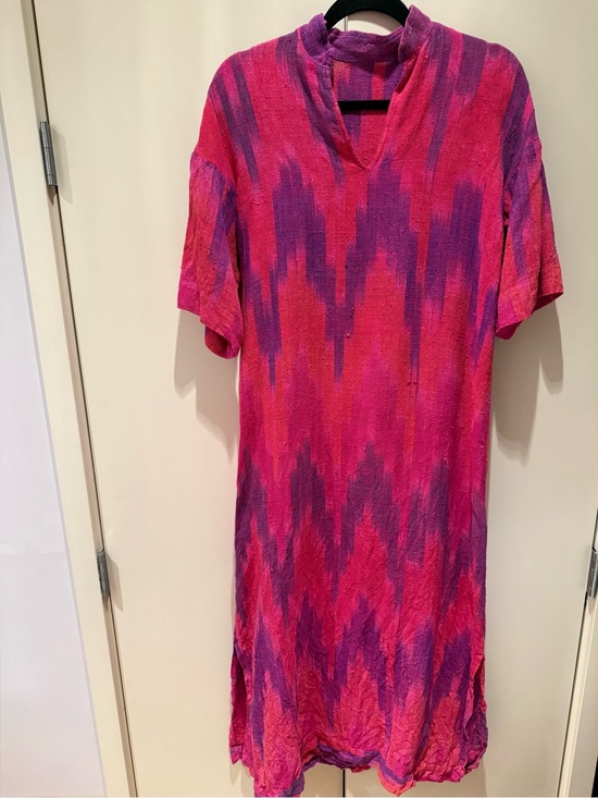 Vintage Dresses & Skirts - Vintage High neck Bright Pink & Purple Ikat handmade woven Maxi Dress M